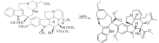 Vinorelbine is prepared by reaction of anhydmvinblastine through two steps.